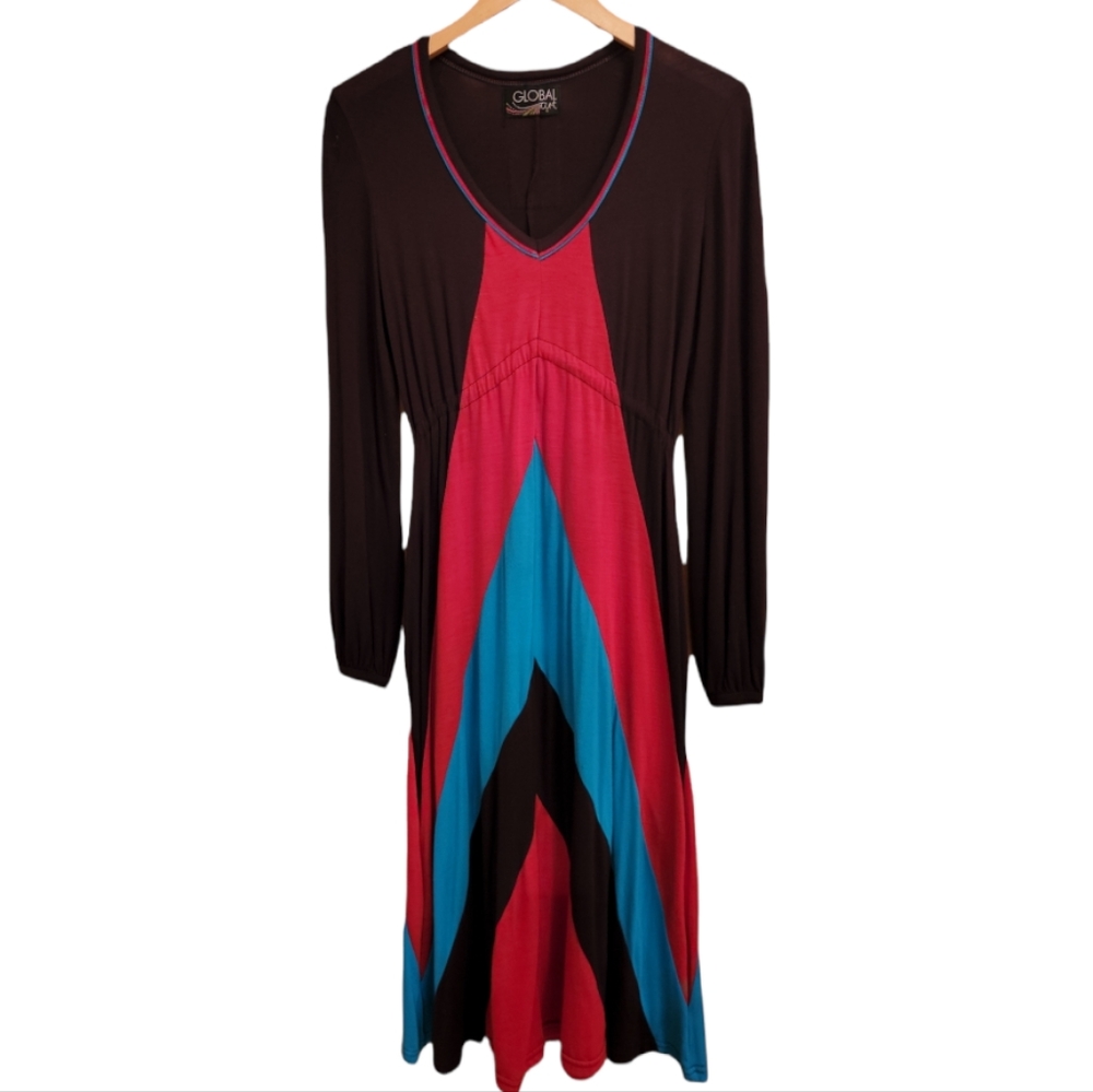 VINTAGE GLOBAL ART 12 STUNNING COLOR BURST BOHEMIAN LONGSLEEVE DRESS